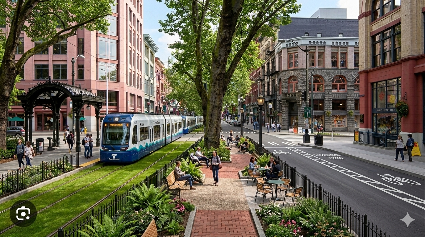 Rendering of Pioneer Square with at-grade light rail, green trackbed, and pedestrian plazas