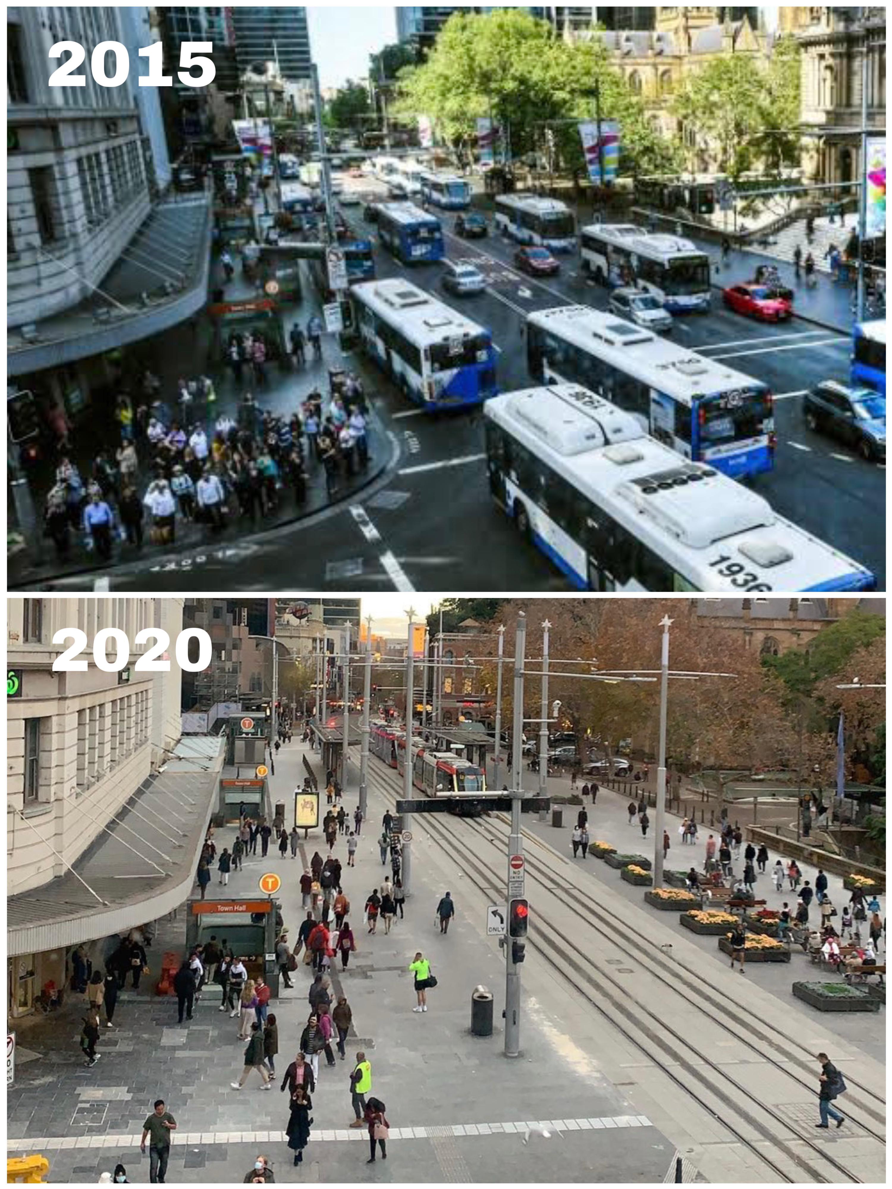 Sydney George Street transformation: 2015 showing buses and congestion, 2020 showing pedestrianized tram corridor
