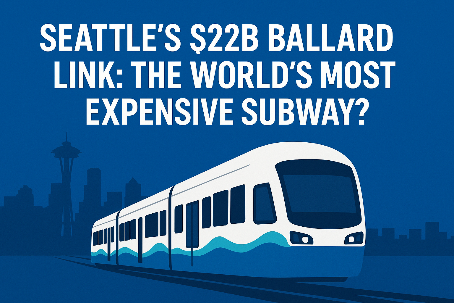 Illustration of Seattle’s Ballard Link light rail train with city skyline and headline about $22B cost, highlighting world’s most expensive subway project.